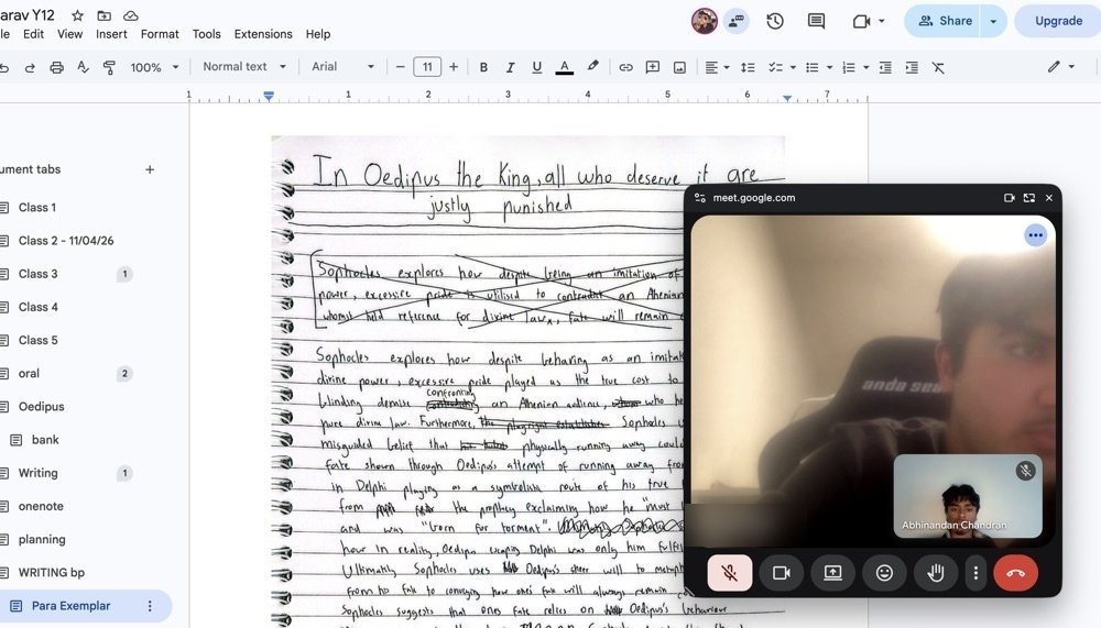 Screenshot from one of Abhi's 1:1 consultations, reviewing a student's annotated Text Response essay on Oedipus the King during a live video call.