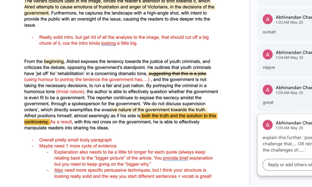 Example of Abhi's detailed inline feedback on a student's Argument Analysis essay, with specific comments on structure, evidence and persuasive technique.