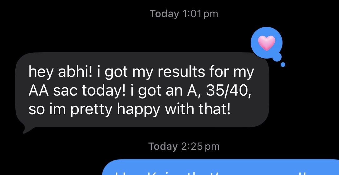 Text message from a student excited about getting an A, 35/40, on their Argument Analysis SAC.