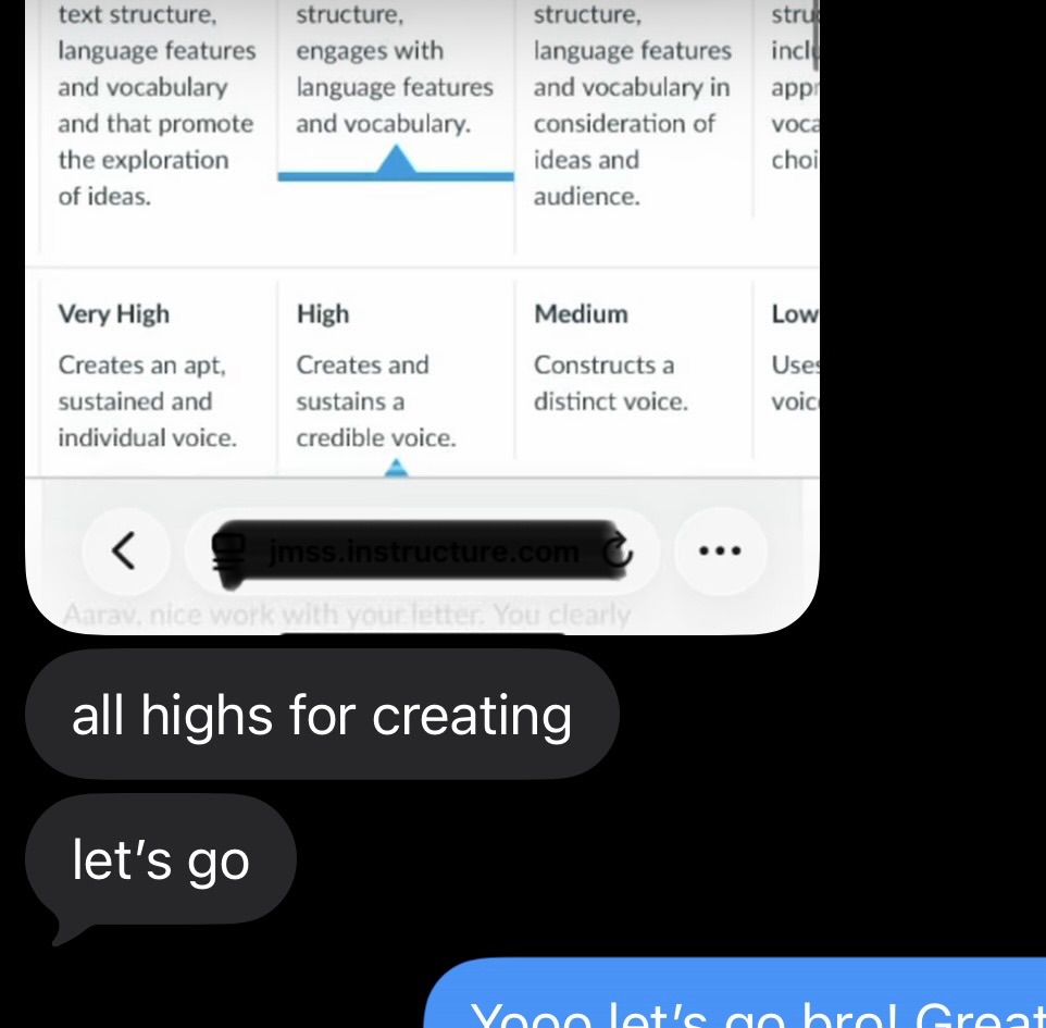 Screenshot of a Crafting Texts rubric with all High or Very High marks, school URL redacted for privacy.