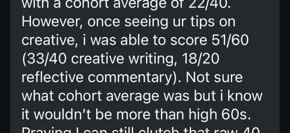 Text message from a student: cohort average was 22/40, they scored 51/60 after using Abhi's creative writing tips.