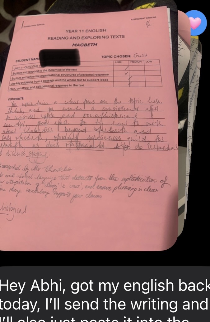 A marked Year 11 Macbeth assignment with detailed teacher feedback, student name redacted for privacy.