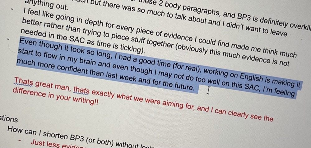 Screenshot of feedback showing a student's reflection on feeling more confident with English after two weeks of working with Abhi.