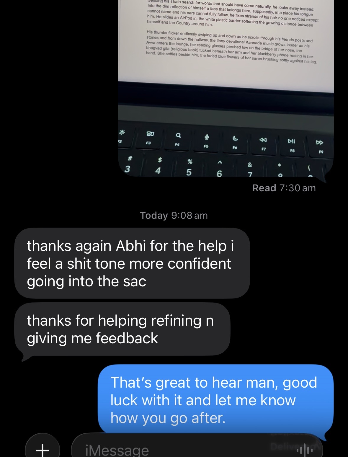 Text message from a student thanking Abhi for the help and feeling more confident going into their SAC.