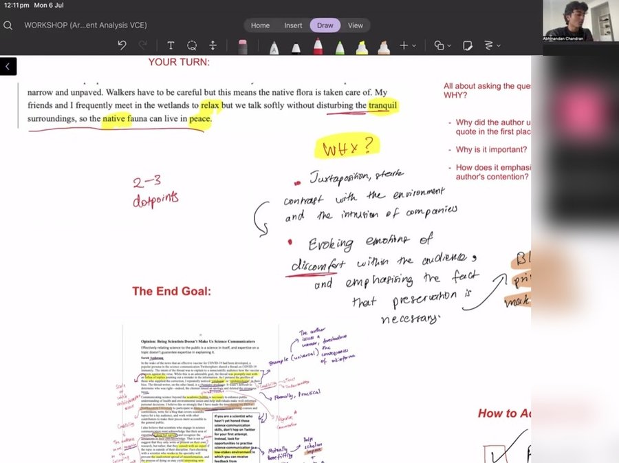 Abhi's live annotated notes breaking down a Text Response workshop, covering contention, evidence and structure.